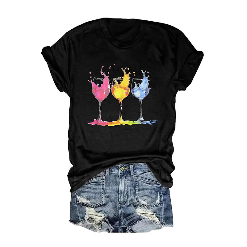 Women's T Shirt Wine Glass Print Crew Neck Tees Casual Short Sleeve Fashion T-Shirt Tops