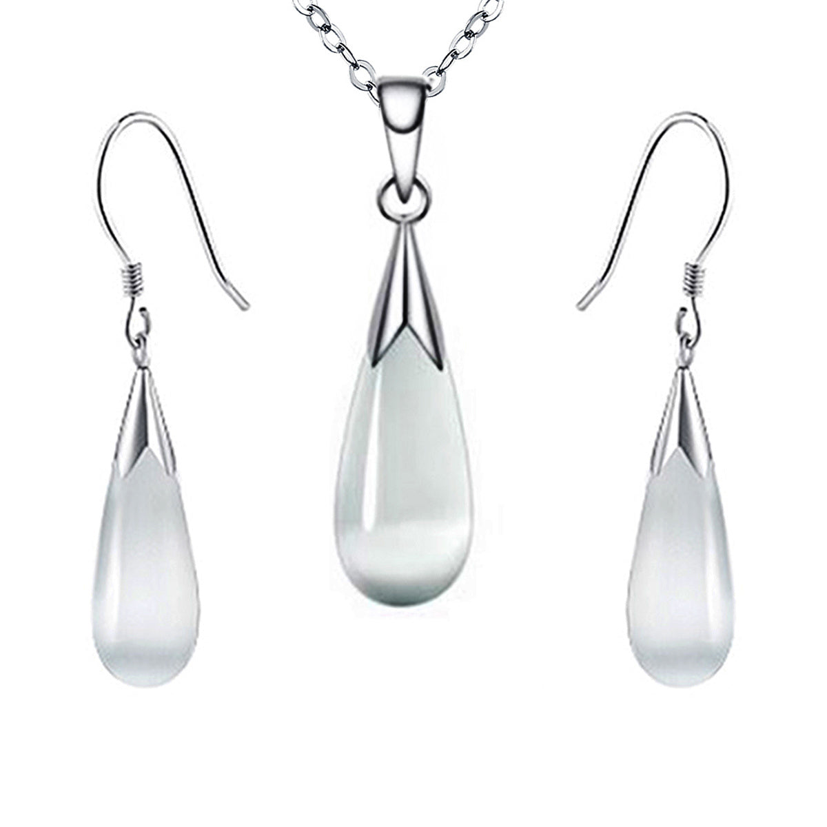 Emma Manor 14k White Gold Plated Water Drop Moonstone Women Jewelry Set --Pendant Necklace And Earrings