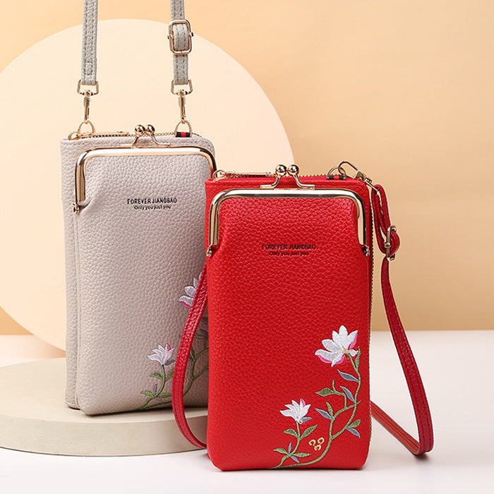 Flower Embroidery Phone Bag With Lock Buckle Crossbody Bags