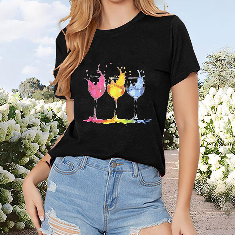 Women's T Shirt Wine Glass Print Crew Neck Tees Casual Short Sleeve Fashion T-Shirt Tops