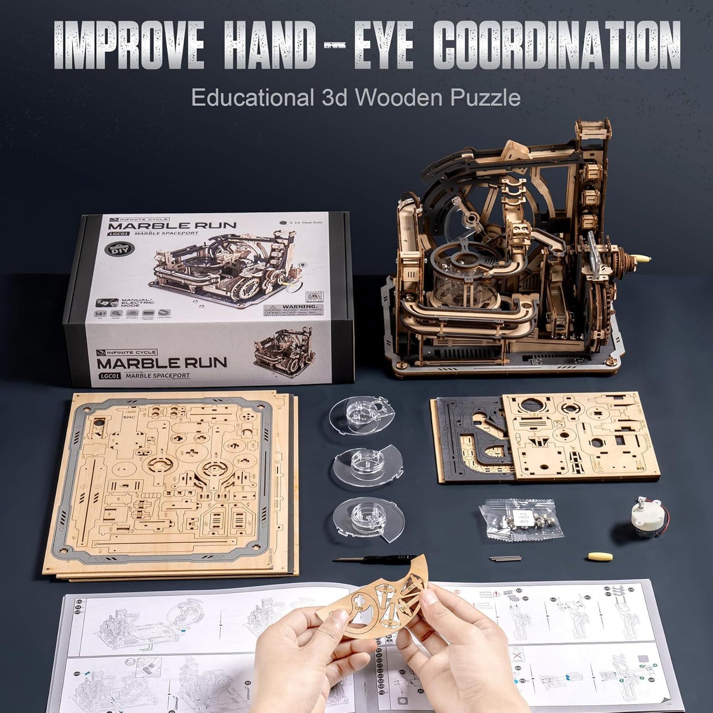 ROBOTIME Marble Run 3D Puzzle Wooden Model Kits For Adults To Build, Gifts Adults Electric Craft Boys, Marble Spaceport LGC01