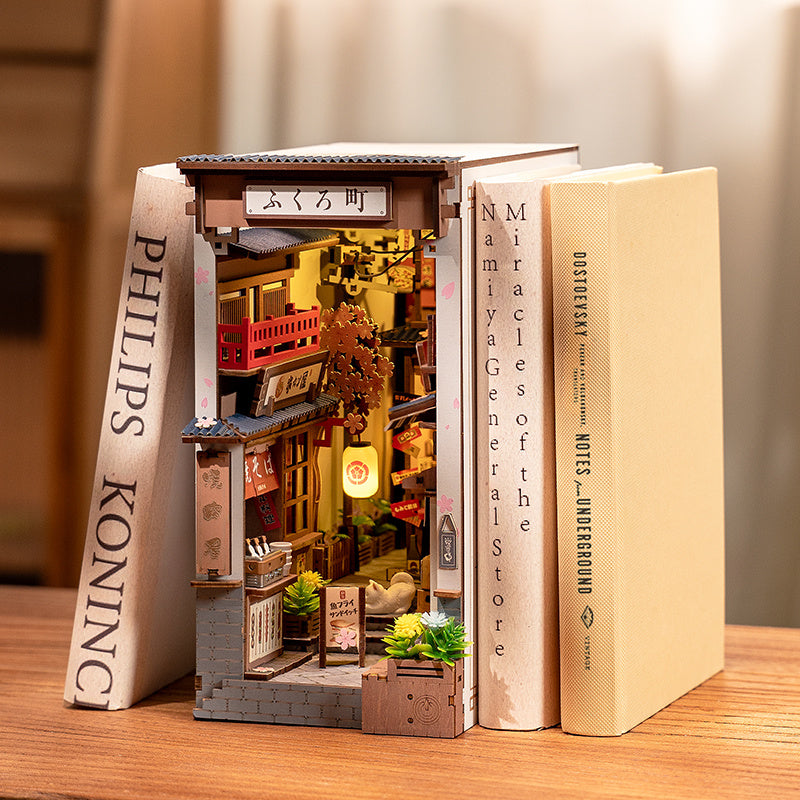ROBOTIME DIY Book Nook Kit - Sakura Wine Alley With LED Lights, 3D Wooden Miniature Dollhouse Puzzle, Creative Bookend Bookshelf Decor, Unique Gift For Adults