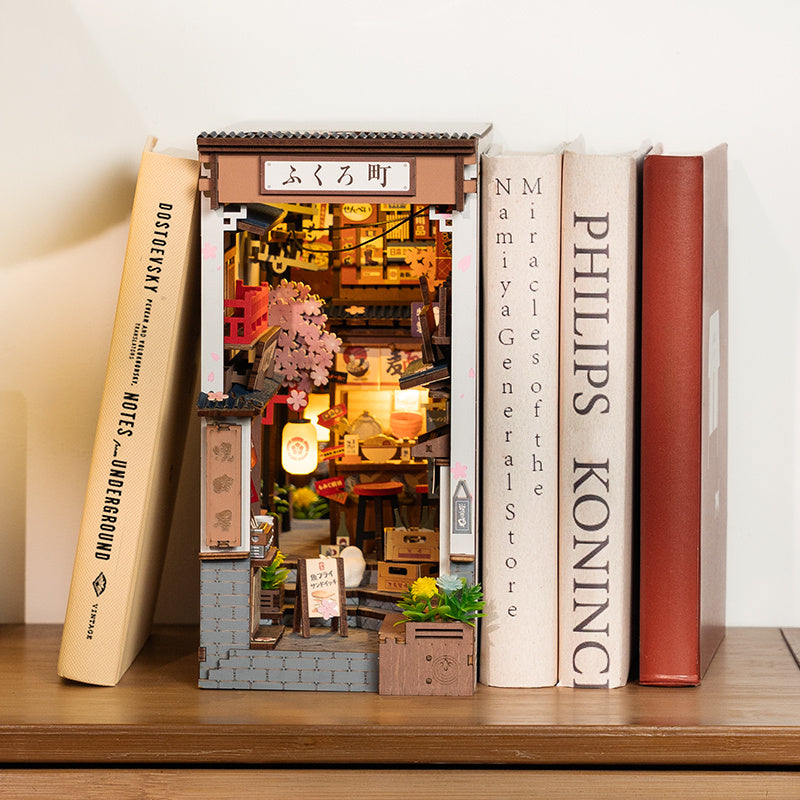 ROBOTIME DIY Book Nook Kit - Sakura Wine Alley With LED Lights, 3D Wooden Miniature Dollhouse Puzzle, Creative Bookend Bookshelf Decor, Unique Gift For Adults