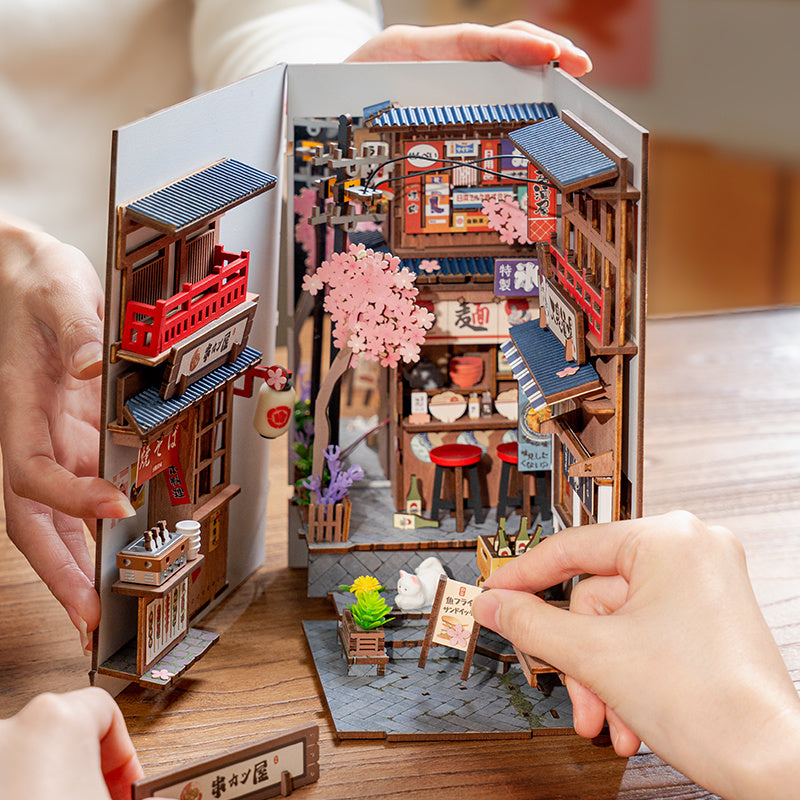ROBOTIME DIY Book Nook Kit - Sakura Wine Alley With LED Lights, 3D Wooden Miniature Dollhouse Puzzle, Creative Bookend Bookshelf Decor, Unique Gift For Adults