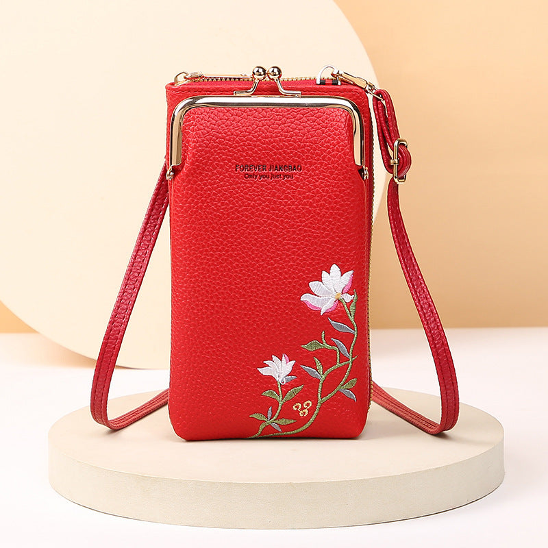 Flower Embroidery Phone Bag With Lock Buckle Crossbody Bags