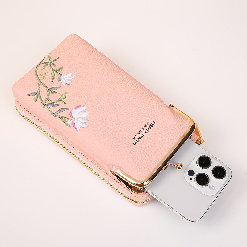 Flower Embroidery Phone Bag With Lock Buckle Crossbody Bags