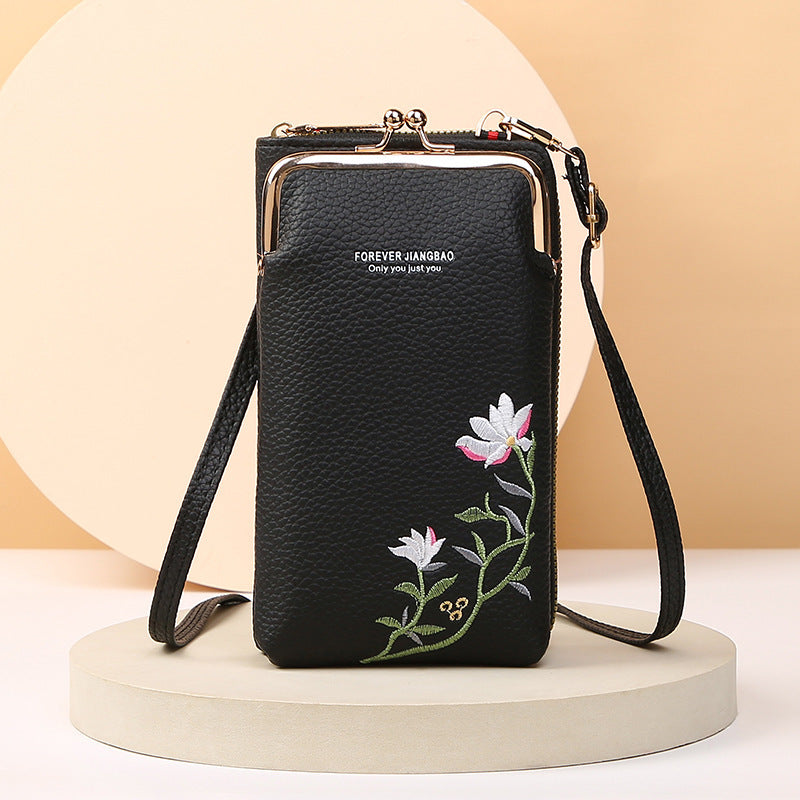 Flower Embroidery Phone Bag With Lock Buckle Crossbody Bags