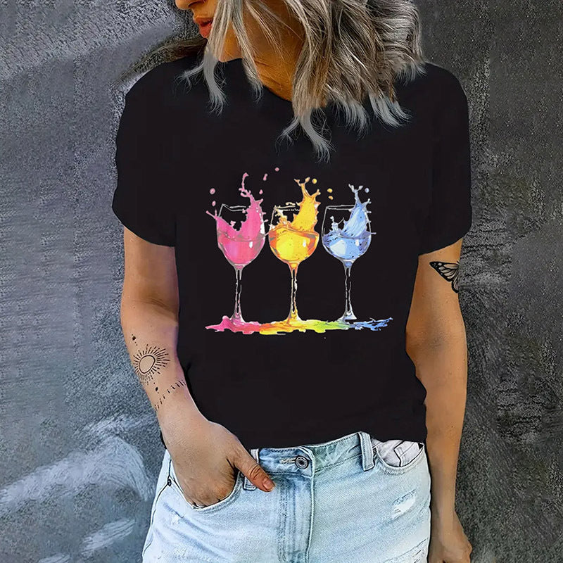 Women's T Shirt Wine Glass Print Crew Neck Tees Casual Short Sleeve Fashion T-Shirt Tops