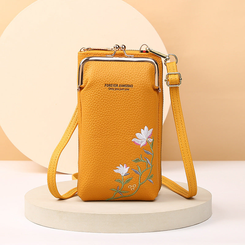 Flower Embroidery Phone Bag With Lock Buckle Crossbody Bags