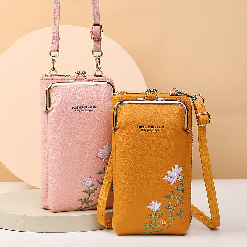 Flower Embroidery Phone Bag With Lock Buckle Crossbody Bags