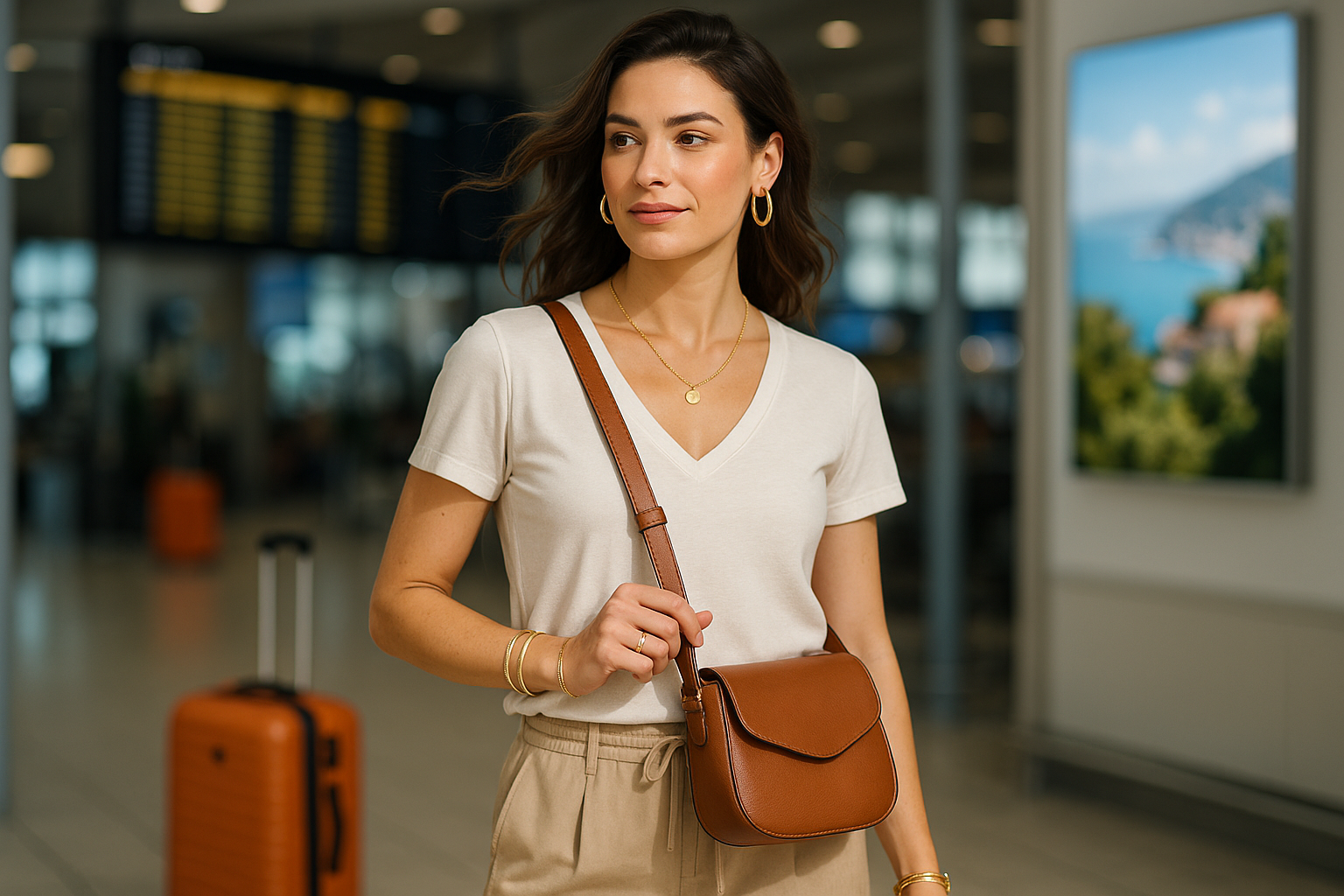 a woman traveler wearing a shoulder bag and Jewlery for me Shopify store