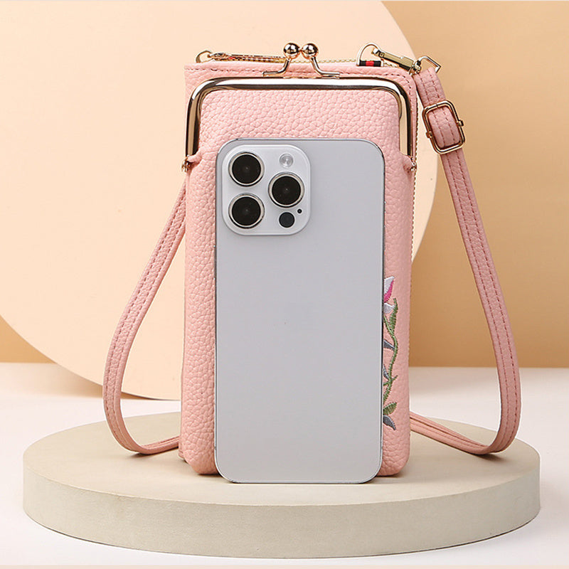 Flower Embroidery Phone Bag With Lock Buckle Crossbody Bags