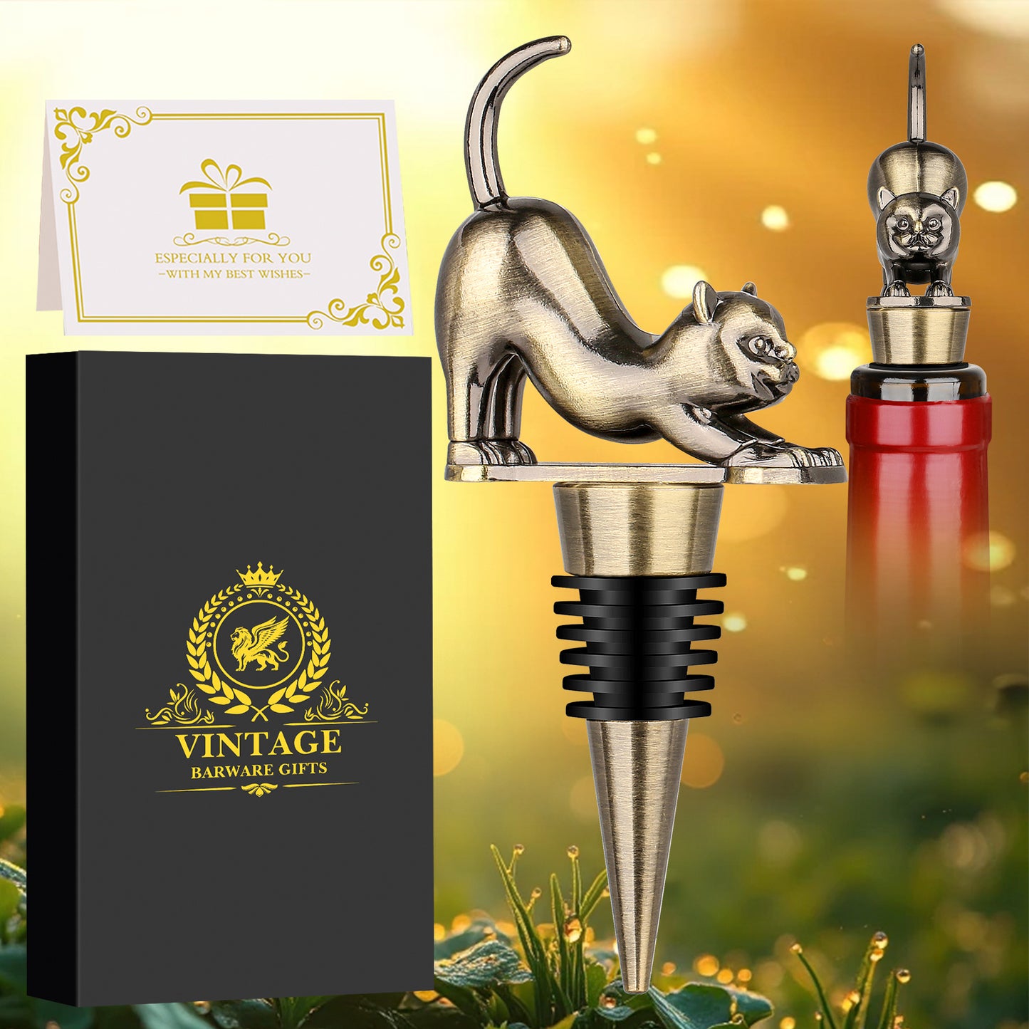 Elegant Upturned Cat Shaped Red Wine Stopper Set With Metallic Luster Bottle Stopper Gift Box, High-end Accessories For Wine Enthusiasts, A Must-have Set For Wine Collectors
