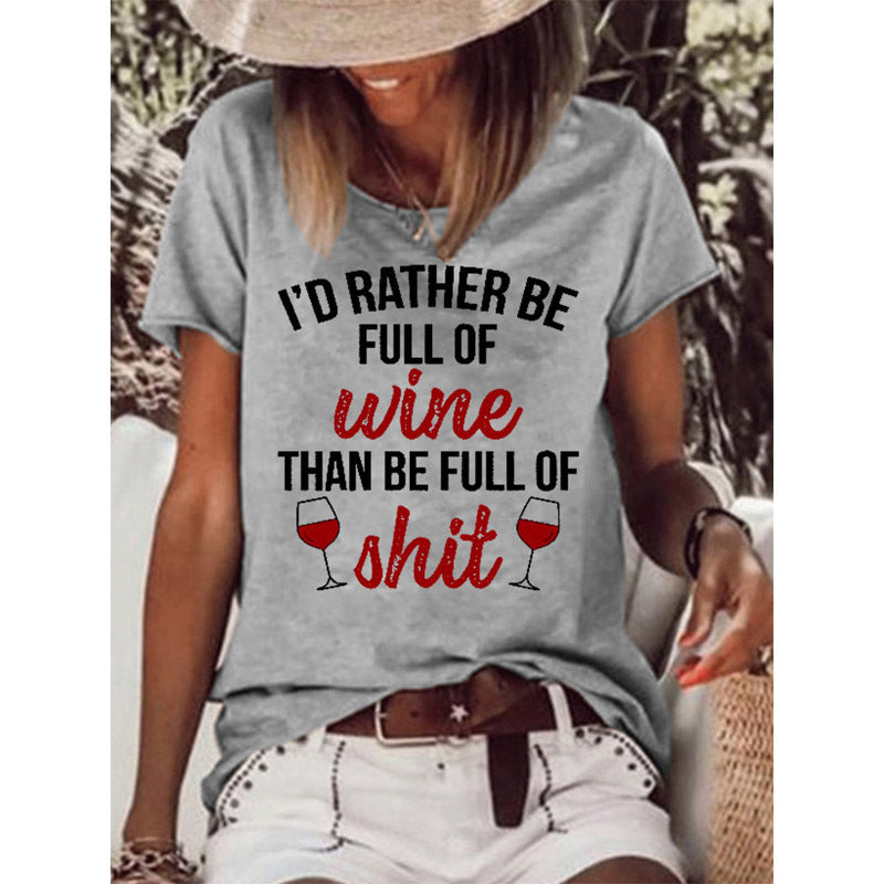 Women's Wine Glass & Slogan Print Round Neck T-Shirt Casual Short Sleeve Spring Summer Top