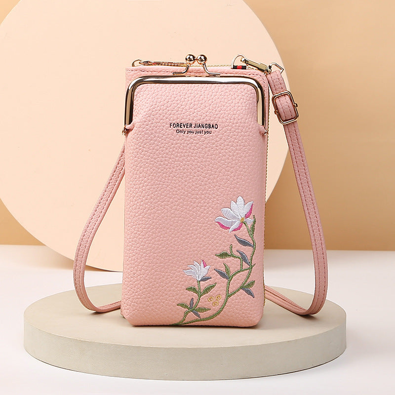 Flower Embroidery Phone Bag With Lock Buckle Crossbody Bags