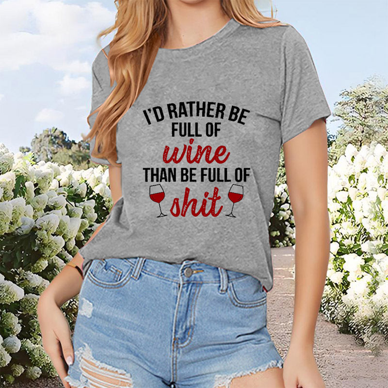 Women's Wine Glass & Slogan Print Round Neck T-Shirt Casual Short Sleeve Spring Summer Top