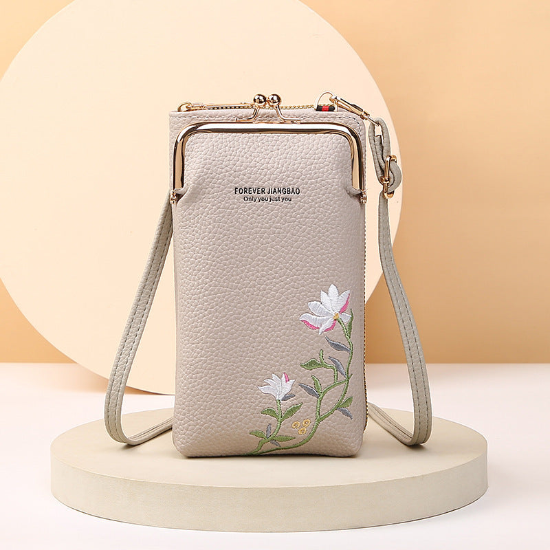 Flower Embroidery Phone Bag With Lock Buckle Crossbody Bags