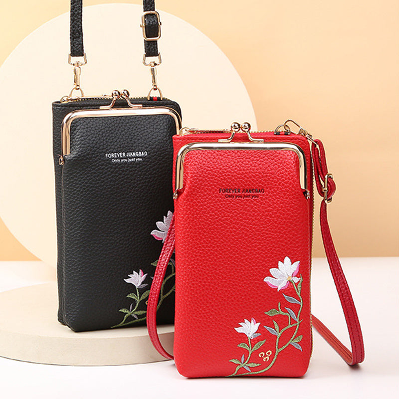 Flower Embroidery Phone Bag With Lock Buckle Crossbody Bags